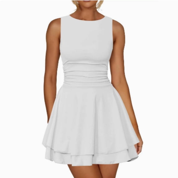 Women's Ruffle Hem Boat Neck Mini Dress Sleeveless Ruched Corset Short Party Dresses