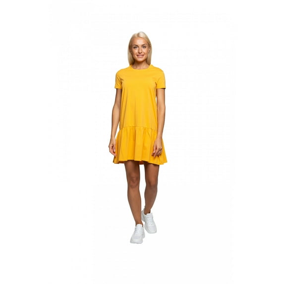 Women's Ruffle Hem Detailed Short Sleeve Dress, XXL, Mustard, by Ambesonne