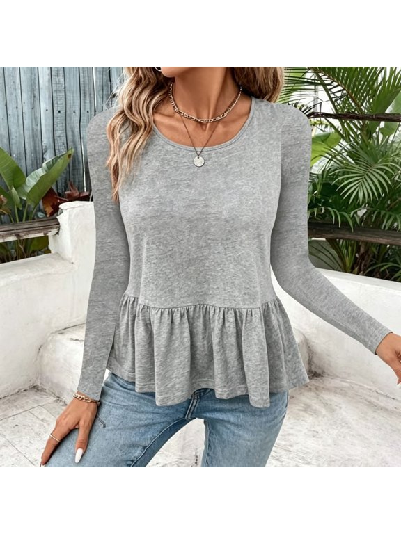 Women's Ruffle Hem Long Sleeve Top, Loose Round Neck Solid Color Pullover for Women, Soft Polyester Blend Casual Ladies Blouse for Walking Street Daily Wear Grey S