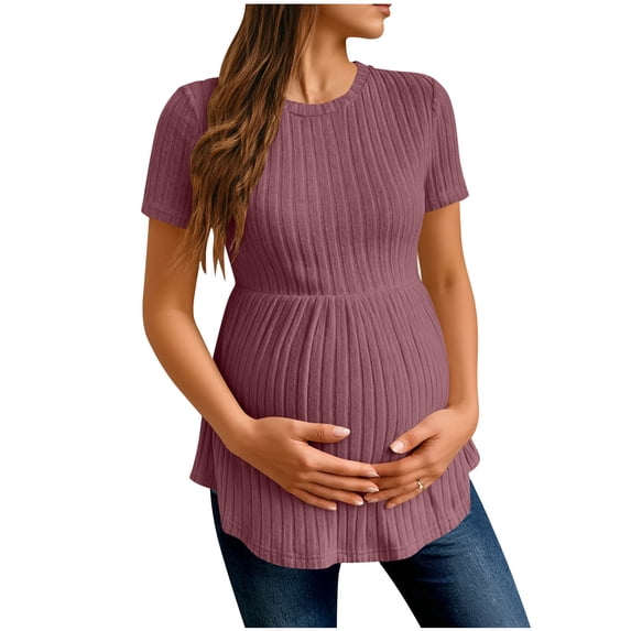 Women's Ruffle Hem Maternity T-Shirt Short Sleeve Crewneck Ribbed Knit Peplum Tee Tops