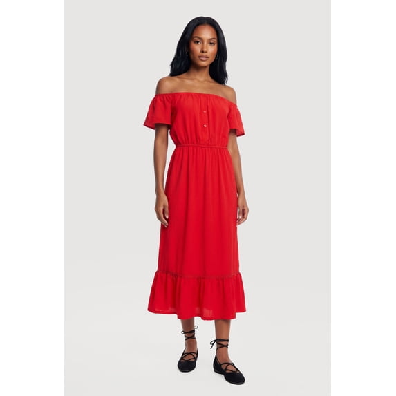 Women's Ruffle Hem Off The Shoulder Midi Dress with Faux Buttons