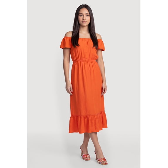 Women's Ruffle Hem Off The Shoulder Midi Dress with Faux Buttons