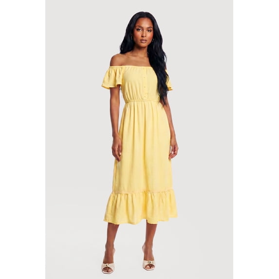 Women's Ruffle Hem Off The Shoulder Midi Dress with Faux Buttons