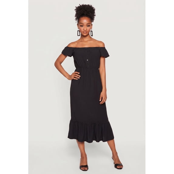Women's Ruffle Hem Off The Shoulder Midi Dress with Faux Buttons