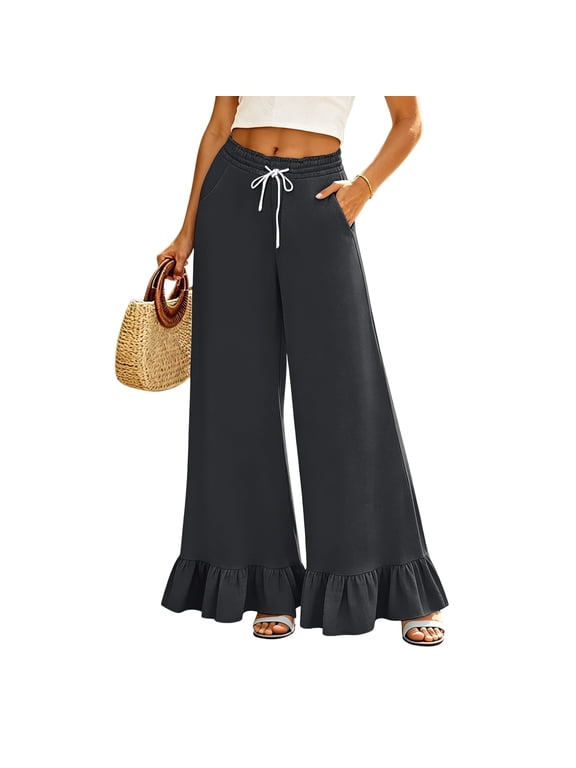 Women's Ruffle Hem Palazzo Pants, High Waisted Wide Leg Trousers with Pockets, Flowy Summer Beach Long Pants with Drawstring
