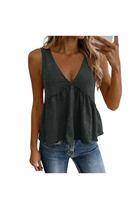 Women's Ruffle Hem Peplum Tank Tops With Tie Back Deep V Neck Solid Color Casual Summer Blouses For Daily Party And Vacation