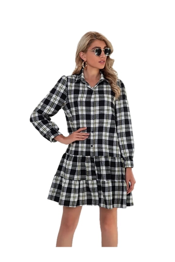 Women's Ruffle Hem Plaid Button Down Long Sleeve Dress with 100% Polyester Fabric for Everyday Chic and Comfort