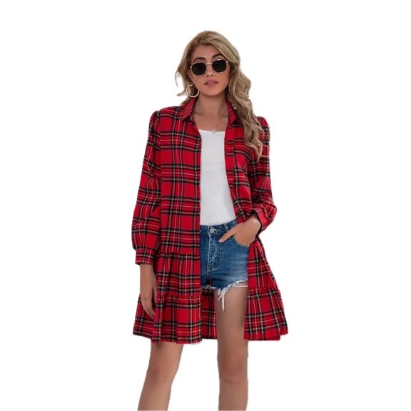 Women's Ruffle Hem Plaid Button Down Long Sleeve Dress with 100% Polyester Fabric for Everyday Chic and Comfort