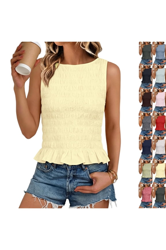 Women's Ruffle Hem Smocked Tank Vest Gingham Elastic Shirred Sleeveless Crop Top Slim Y2K Summer Beach Street Outfit,S,Yellow