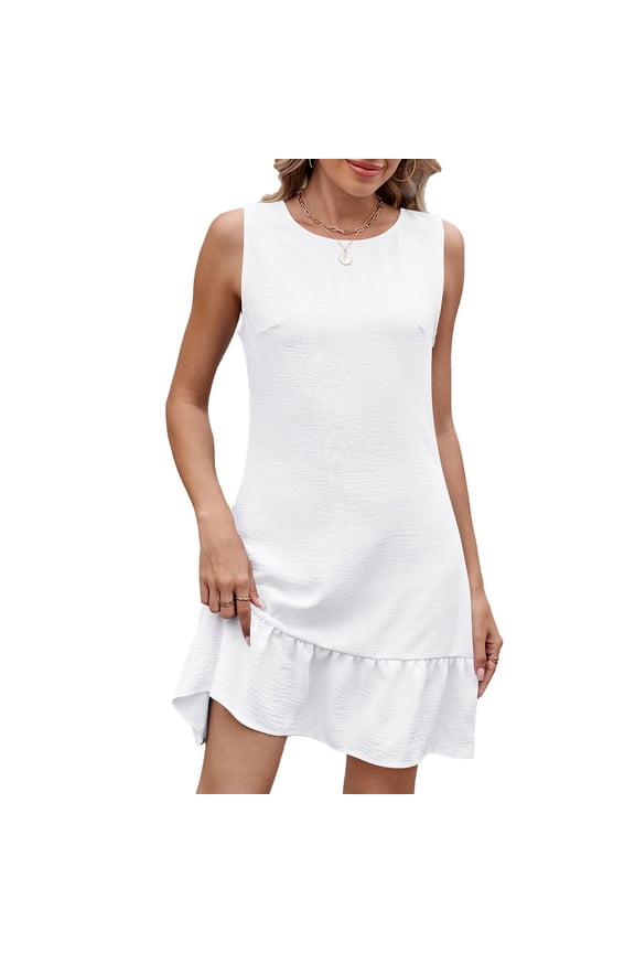 Women's Ruffle Hem Sundress, Sleeveless Tank Mini Dresses, Summer Casual Round-Neck Sleeveless Solid Mini Dress Strapless Mini Dress White XXL