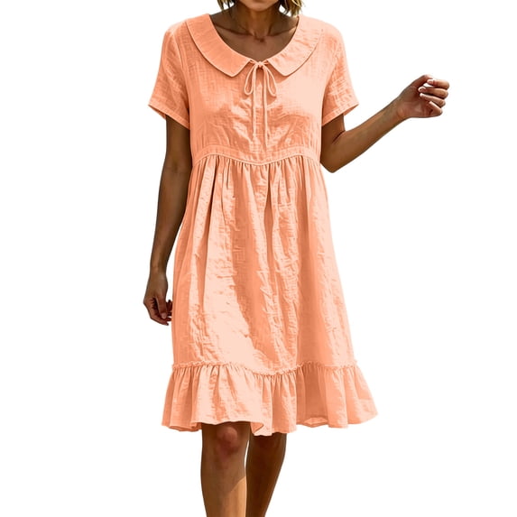 Women's Ruffle Hem Swing Linen Dress, Summer Cute Collared Loose Crewneck Short Sleeve Bohemian Vacation Beach Dresses