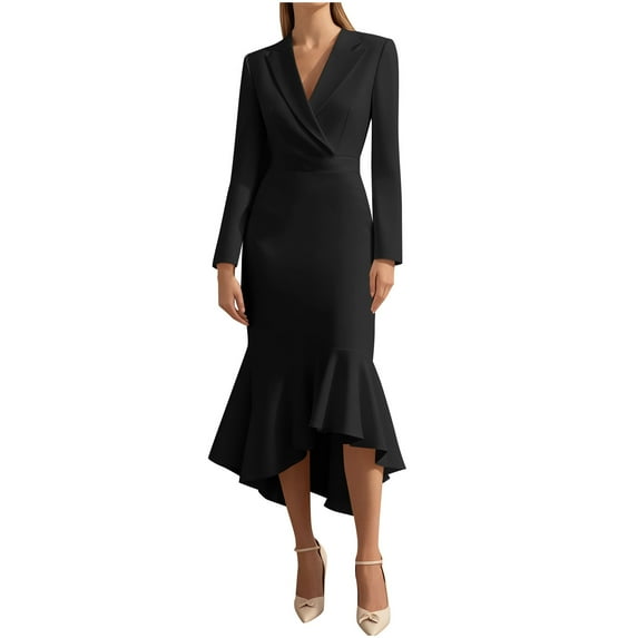 Women's Ruffle Hem Wear to Work Blazer Dresses - Elegant Long Sleeve High Low Bodycon Mermaid Cocktail Dress