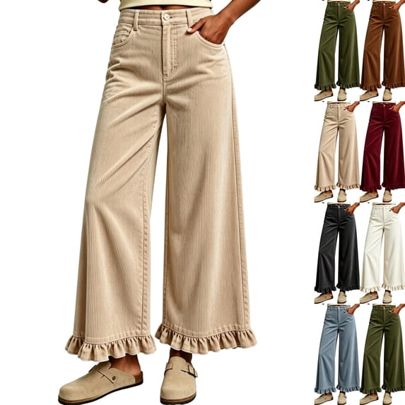 Women's Ruffle Hem Wide Leg Jeans Elastic Waist Corduroy Pants Baggy Palazzo Pants with Pockets Beige L