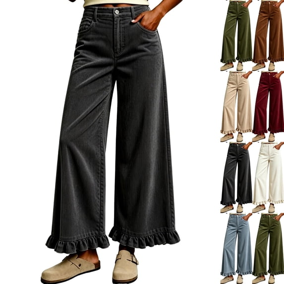 Women's Ruffle Hem Wide Leg Jeans Elastic Waist Corduroy Pants Baggy Palazzo Pants with Pockets Black L