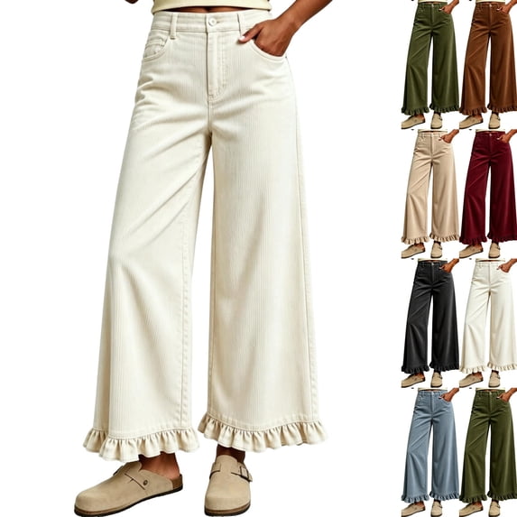 Women's Ruffle Hem Wide Leg Jeans Elastic Waist Corduroy Pants Baggy Palazzo Pants with Pockets White L