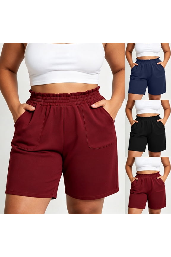 Women's Ruffle High Waist Bermuda Shorts, All-Day Comfort Elastic Waist Straight Leg Casual Shorts with Pockets & Side Slit Freedom of Movement for Travel Daily Wear | TruBelle,Navy 4XL