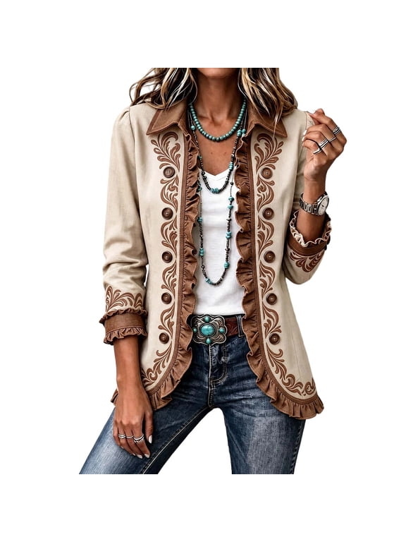 Women's Ruffle Jacket Lapel Double Breasted Open Front Print Cardigan Fashion Vintage Causal Outwear (M, Beige)