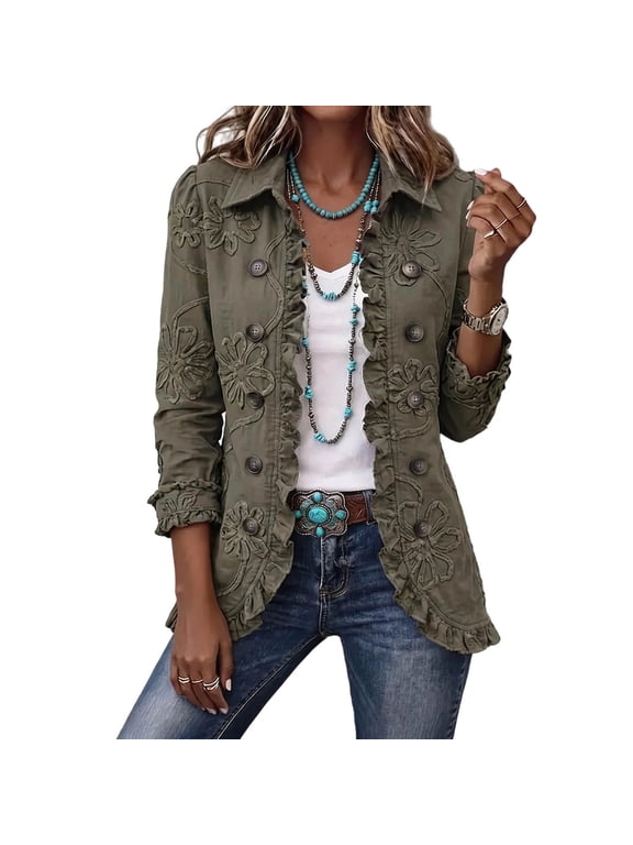 Women's Ruffle Jacket Lapel Double Breasted Open Front Print Cardigan Fashion Vintage Causal Outwear (S, Army Green)