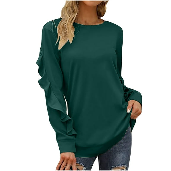 Women's Ruffle Long Sleeve T-Shirt Round Neck Solid Color Pullover Plus Size Trendy Casual Tops