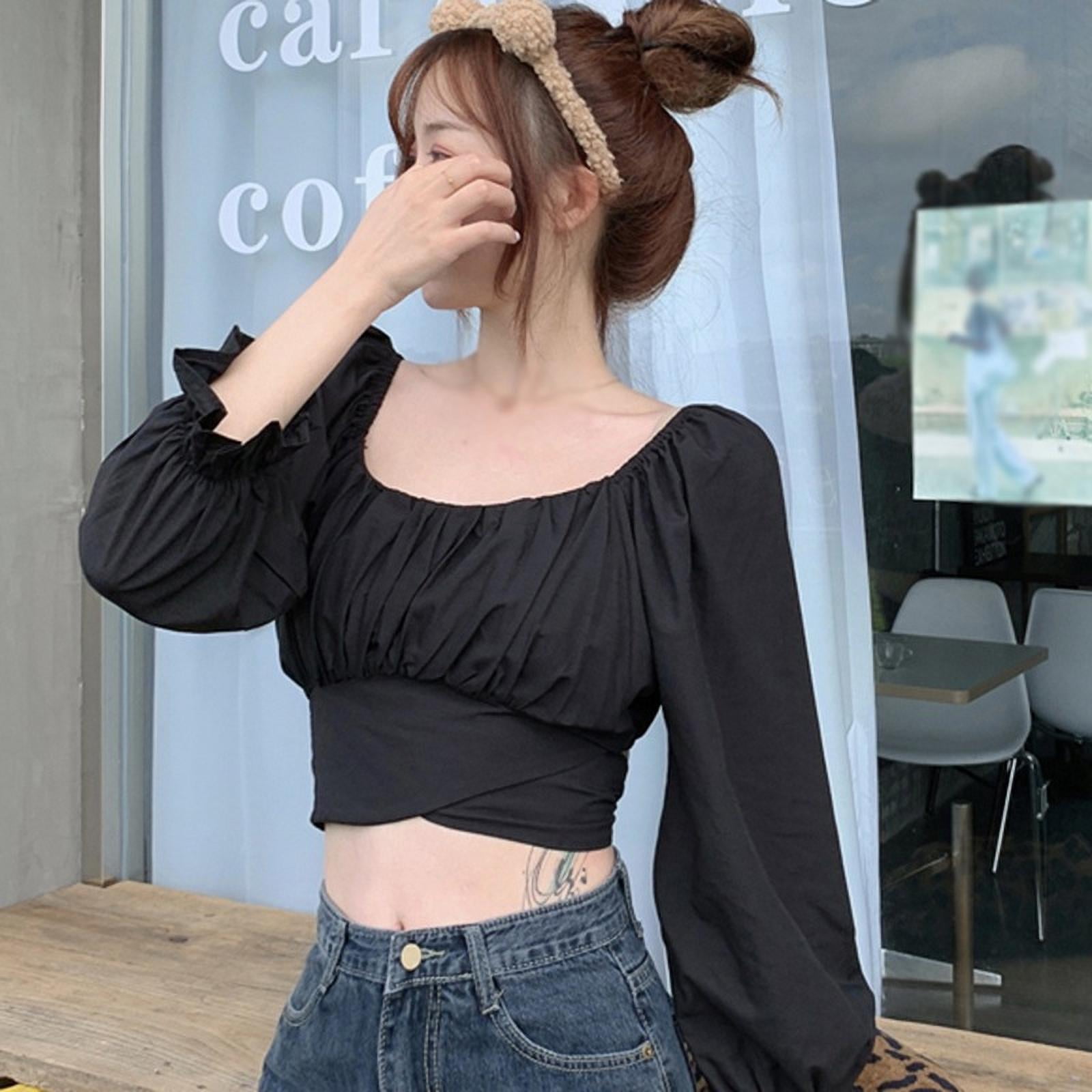 black puff sleeve tie front crop top