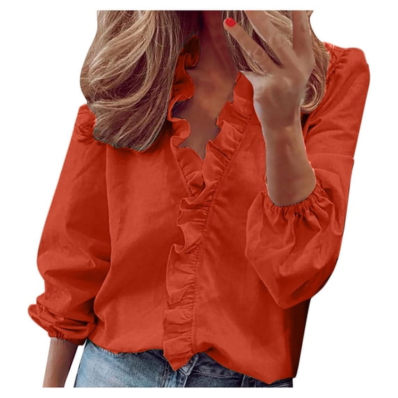 Women's Ruffle Long Sleeve Tops Summer Elegant Plus Size V Neck Solid Shirts Casual Blouses for Work Ladies Clothing Blue