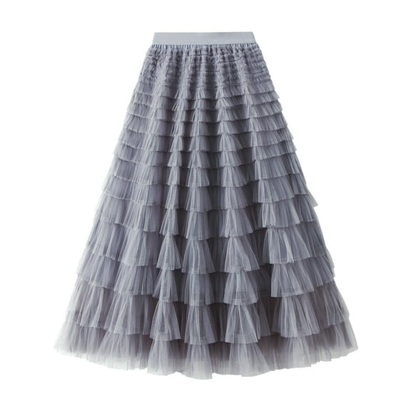 Women's Ruffle Mesh Vintage Calf Length Skirt - High Waist A Line Pleated Tutu Skirt (M-L Sizes)