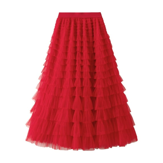 Women's Ruffle Mesh Vintage Calf Length Skirt - High Waist A Line Pleated Tutu Skirt (M-L Sizes)