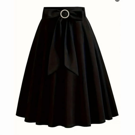 Women's Ruffle Midi Skirt Trendy High Waist A-Line Skirt with Belted Bow Tie Flowy Swing Elegant Vintage Wedding Guest Party Skirt