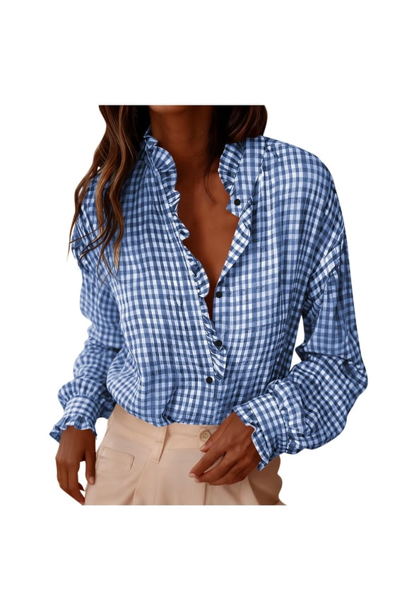 Women's Ruffle Neck Plaid Button Down Blouses Casual Puff Long Sleeve Gingham Trendy Tops Checkered Work Shirt