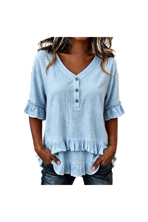 Women's Ruffle Neck Short Sleeve T-Shirt Asymmetrical Irregular Cut Hem Casual Top V-Neck Flowy Flounce Pullover Tee 240.00