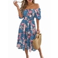thumbnail image 1 of Women's Ruffle Off Shoulder Floral Midi Smocked Flowy Long Dresses Dress for Summer Spring Beach Blue XL, 1 of 10