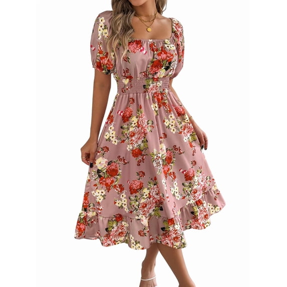 Women's Ruffle Off Shoulder Floral Midi Smocked Flowy Long Dresses Dress for Summer Spring Beach Pink S