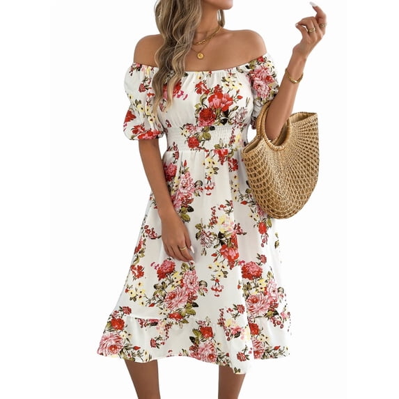 Women's Ruffle Off Shoulder Floral Midi Smocked Flowy Long Dresses Dress for Summer Spring Beach White S