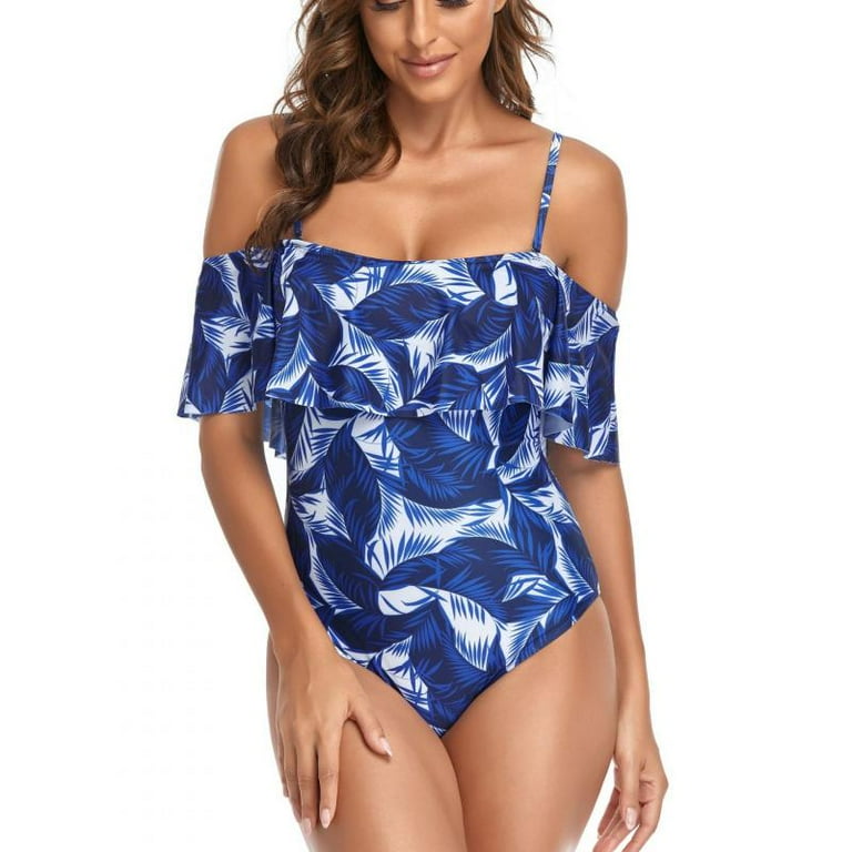 Women s Ruffle One Piece Off Shoulder Swimsuit Tummy Control Flounce Printed Bathing Suit