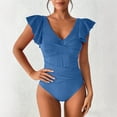 thumbnail image 1 of Women's Ruffle One Piece Swimsuit Cross Front Ruched Tummy Control Bathing Suit Padded Slimming Swimwear Blue L, 1 of 6