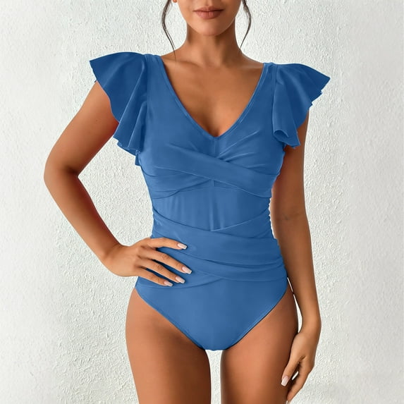 Women's Ruffle One Piece Swimsuit Cross Front Ruched Tummy Control Bathing Suit Padded Slimming Swimwear Blue L