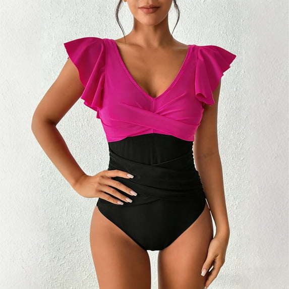 Women's Ruffle One Piece Swimsuit Cross Front Ruched Tummy Control Bathing Suit Padded Slimming Swimwear Hot Pink M