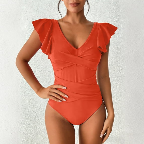 Women's Ruffle One Piece Swimsuit Cross Front Ruched Tummy Control Bathing Suit Padded Slimming Swimwear Orange L