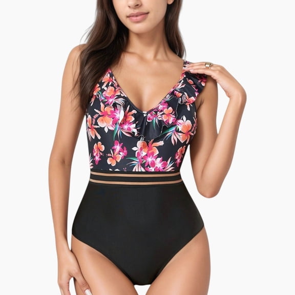 Women's Ruffle One-Piece Swimsuit with Floral Print Bodice and Striped Waistband Detail - X Large, Red