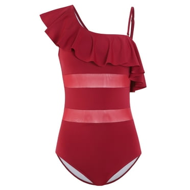 Women’s Ruffle One Shoulder Swimsuits One Piece Tummy Control Bathing Suit, Red