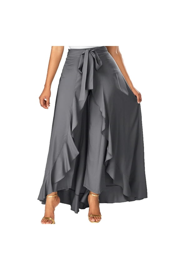 Women's Ruffle Pants High Waist Trousers Casual Beach Maxi Long Palazzo Overlay Pant Skirts