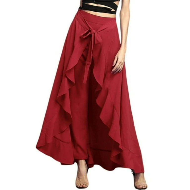 Women's Ruffle Pants High Waist Trousers Casual Beach Overlay Pant Skirts Skirts for Women XL Red Women's Ruffle Pants High Waist Trousers Casual Beach Overlay Pant Skirts Skirts for Women XL Red