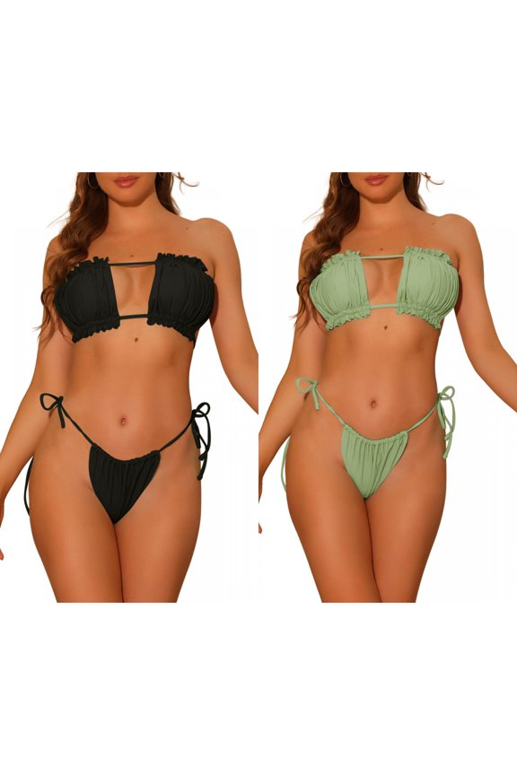 Women's Ruffle Pleated Push Up Bikini Combination Sets, 2 Piece High Cut Tie Side String Bikini Swimsuits Large Black, Olivine Green