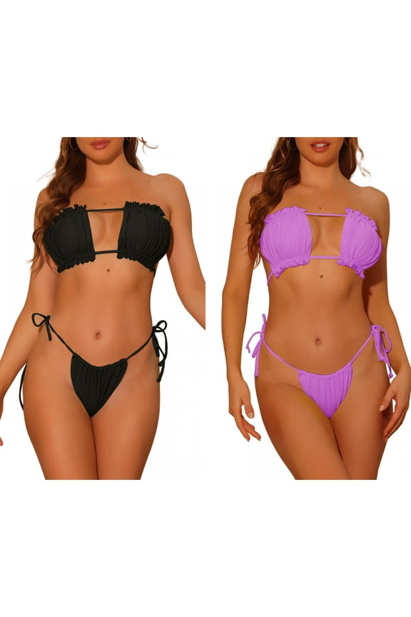 Women's Ruffle Pleated Push Up Bikini Combination Sets, 2 Piece High Cut Tie Side String Bikini Swimsuits Large Black, Purple