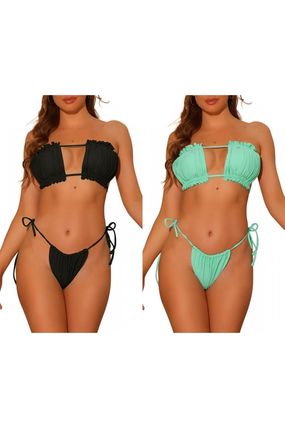 Women's Ruffle Pleated Push Up Bikini Combination Sets 2 Piece High Cut Tie Side String Bikini Swimsuits Medium Black, Turquoise Green