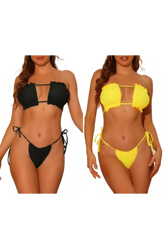 Women's Ruffle Pleated Push Up Bikini Combination Sets, 2 Piece High Cut Tie Side String Bikini Swimsuits Medium Black, Yellow