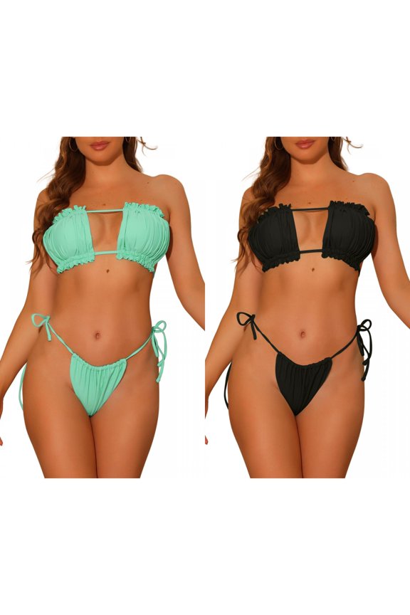 Women's Ruffle Pleated Push Up Bikini Combination Sets 2 Piece High Cut Tie Side String Bikini Swimsuits Small Black, Turquoise Green