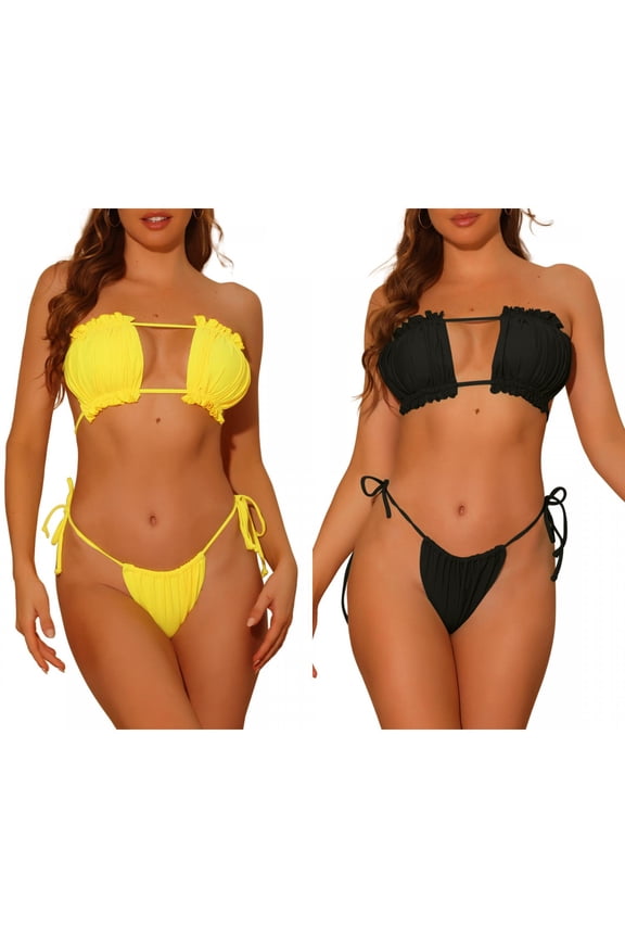 Women's Ruffle Pleated Push Up Bikini Combination Sets, 2 Piece High Cut Tie Side String Bikini Swimsuits Small Black, Yellow