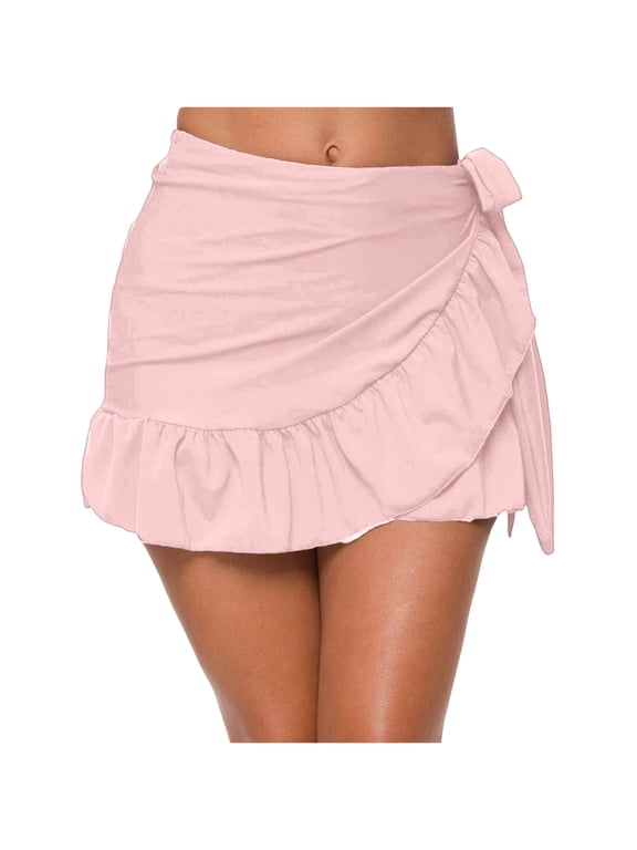 Women's Ruffle Sarongs Beach Wrap Cover Up Swimwear Bikini Bottoms High Waisted Tankini Swim Skirts Swimdress Pink S