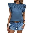 thumbnail image 1 of Women's Ruffle Short Sleeve Pleated Crew Neck Top Pullover, 1 of 6